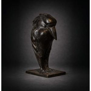 Bird Sculpture In Patinated Bronze Signed A. Bossi
