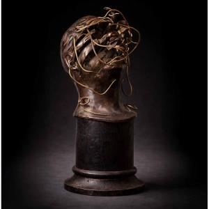 Bust With Snakes Signed René Hetzel - Bronze Sculpture