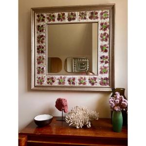 Large Square Ceramic Mirror With Floral Decoration.