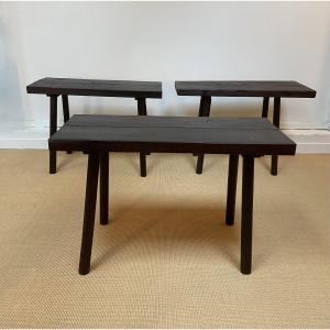 Set Of 3 Brutalist Tables/consoles In Solid Oak.