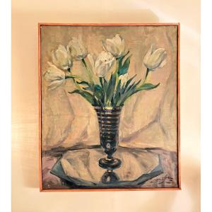 Painting - Oil On Canvas - Bouquet Of Tulips - 20th Century School