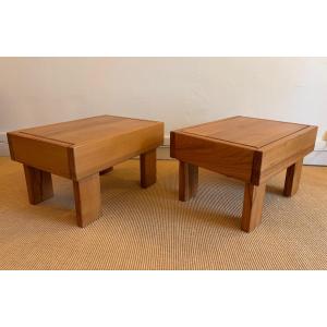 Pair Of Solid Elm Side Tables/bedside Tables, Maison Regain.