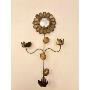 Brass Flower Wall Sconce With Witch's Mirror