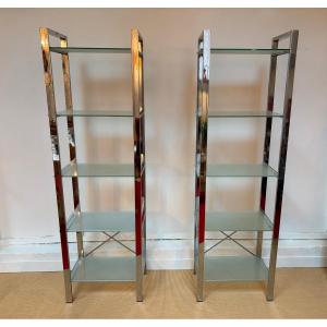 Pair Of Shelves In Chromed Metal And Frosted Glass, Circa 1970.