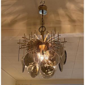Brass And Glass Chandelier By Gaetano Sciolari, Italy, Circa 1970.