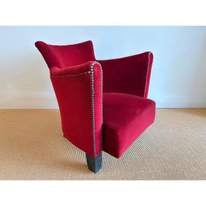 Art Deco Armchair In Red Velvet.