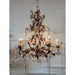 Chandelier With Pendants And Gilded Metal, Circa 1950.