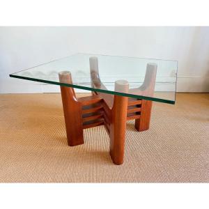 Carved Solid Wood Coffee Table With Glass Top.