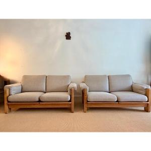 Pair Of Solid Elm Sofas, Maison Regain.