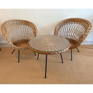 Pair Of Rattan Armchairs And Table, Circa 1970.