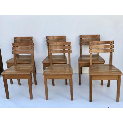 Suite Of 6 Oak Chairs By Charles Dudouyt For La Gentilhommière, France, Circa 1960