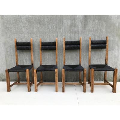 Suite Of 4 Straw Chairs, Circa 1960