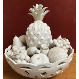 Fruit Cup In Trompe l'Oeil In White Earthenware By Jean Roger, Circa 1960.