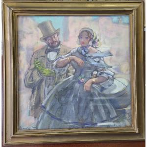 Ferdinand Fargeot (1880-1957), "elegant Couple", Pastel Around 1910.