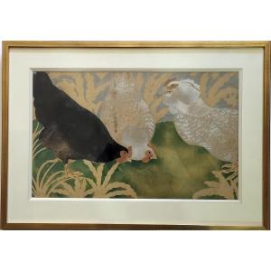  Manzanna-pissaro (1871-1961), Rooster With 2 Hens, Stencil In Gouache And Gold Paint.