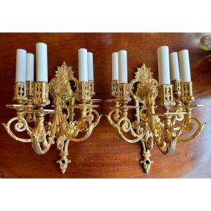 Pair Of Gilt Bronze Sconces 5 Lights Nineteenth