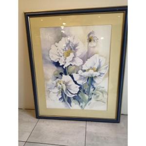 Large Watercolor White Poppies Framed Signed Vernon