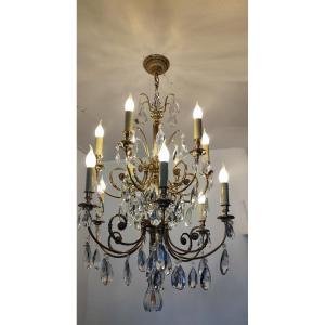 Exceptional Large Crystal And Bronze Chandelier 12 Arms Of Light