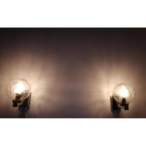 Pair Of Sconces 70 Italy Chrome And Molded Pressed Glass