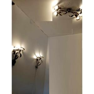 Set Of 2 Wall Lamps + 1 Suspension Laurie Lumière 1980s