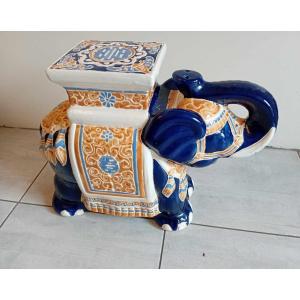 Elephant In Blue And Beige Glazed Earthenware