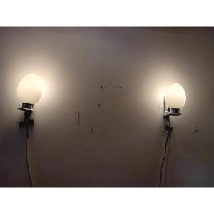 Pair Of Chrome Opaline Wall Lamps From The 70s.