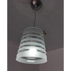 70's Pendant Light, Partially Sandblasted Molded Glass