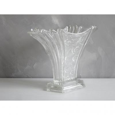 Vintage Art Deco Molded Glass Vase Pressed Stylized Flower Decor.