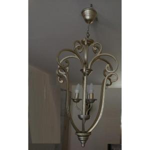 Large Cage Chandelier In Silver Forge Iron With Leaf.