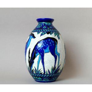 C. Catteau - Cracked Earthenware Vase - Deer - Decor (d943)