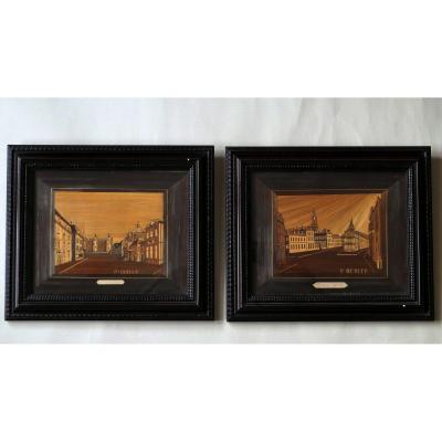 Pair Of Tableaus In Straw Marquetry