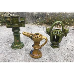 3 Oil Lamps In Enameled Earthenware XIX