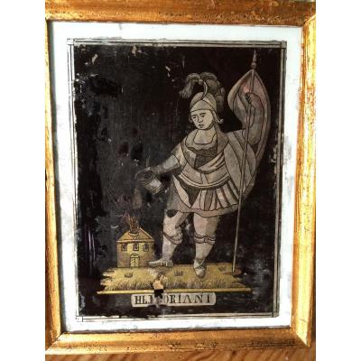 St. Florian Extinguishing The Fire, Painting Under Glass, Central Europe XVIIIth