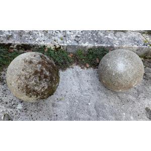 Pair Of Large Cement Balls, With A Beautiful Patina.