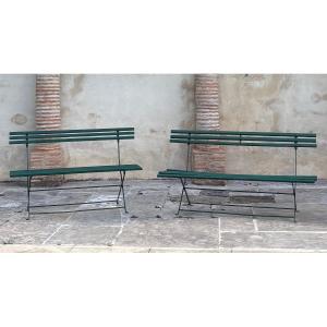 2 Iron And Wood Folding Benches 19th Century