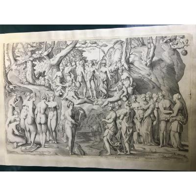 Mythological Engraving The Challenge Of The Piérides After Pierino Del Vaga XVI Th