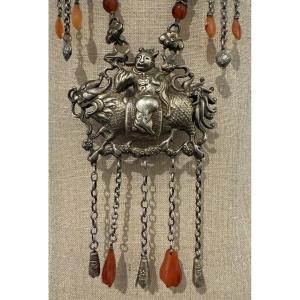 Chinese Silver Necklace Decorated With Carnelian Rosary