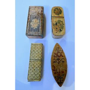 Set Of Three Cases And A Brush In Straw Marquetry - 19th Century