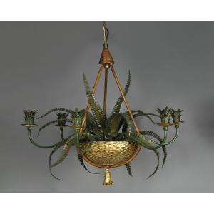 Maison Baguès "fern Basket" Chandelier In Lacquered Sheet Metal From The 1950s