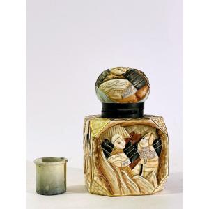 Japanese Ceramic Inkwell In The Satsuma Style, Dating From The Late 19th Or Early 20th Century.