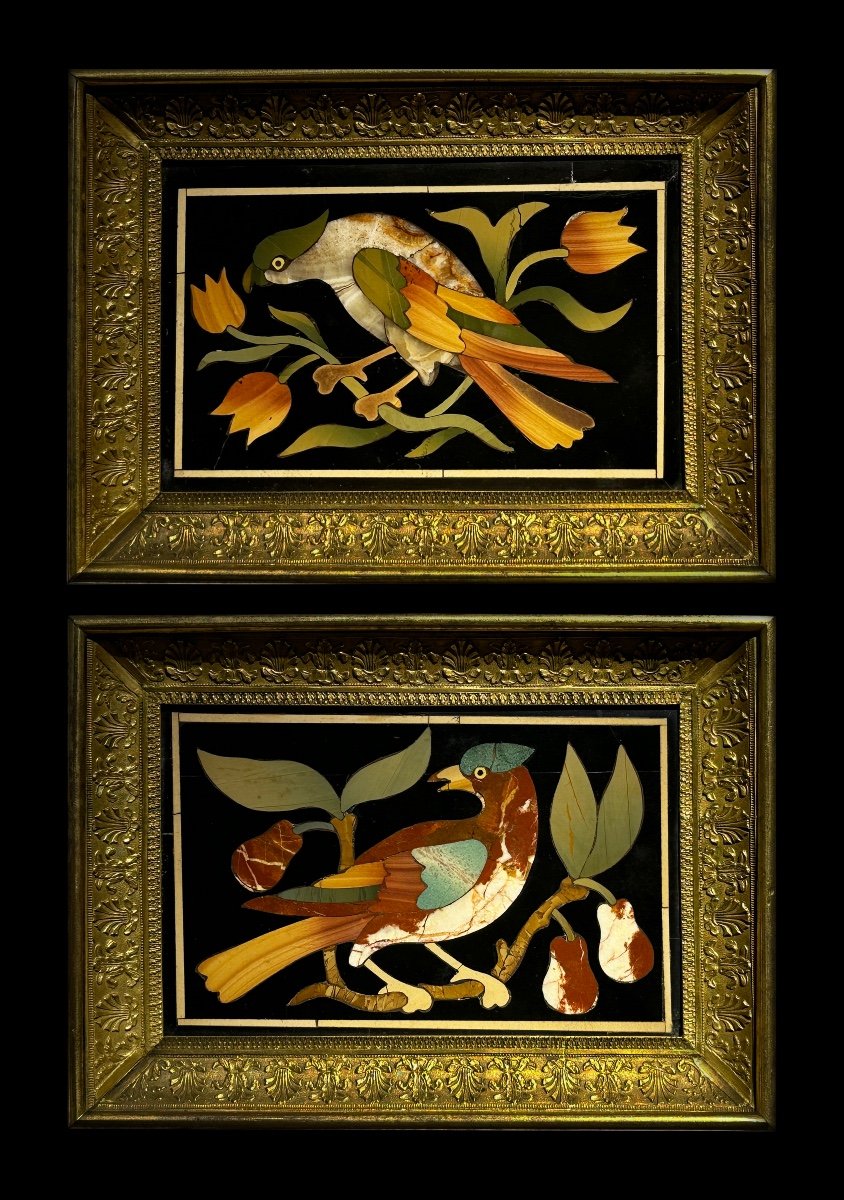 COPPIA PLACCHE FIORENTINE IN PIETRA DURA CON UCCELLI IN CORNICE IN BRONZO DORATO, XVIII secolo