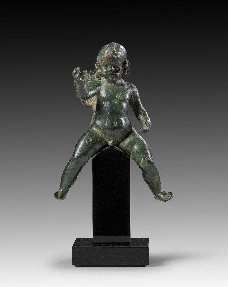Antica Figura in Bronzo Romana di Eros che cavalca un delfino, Impero Romano