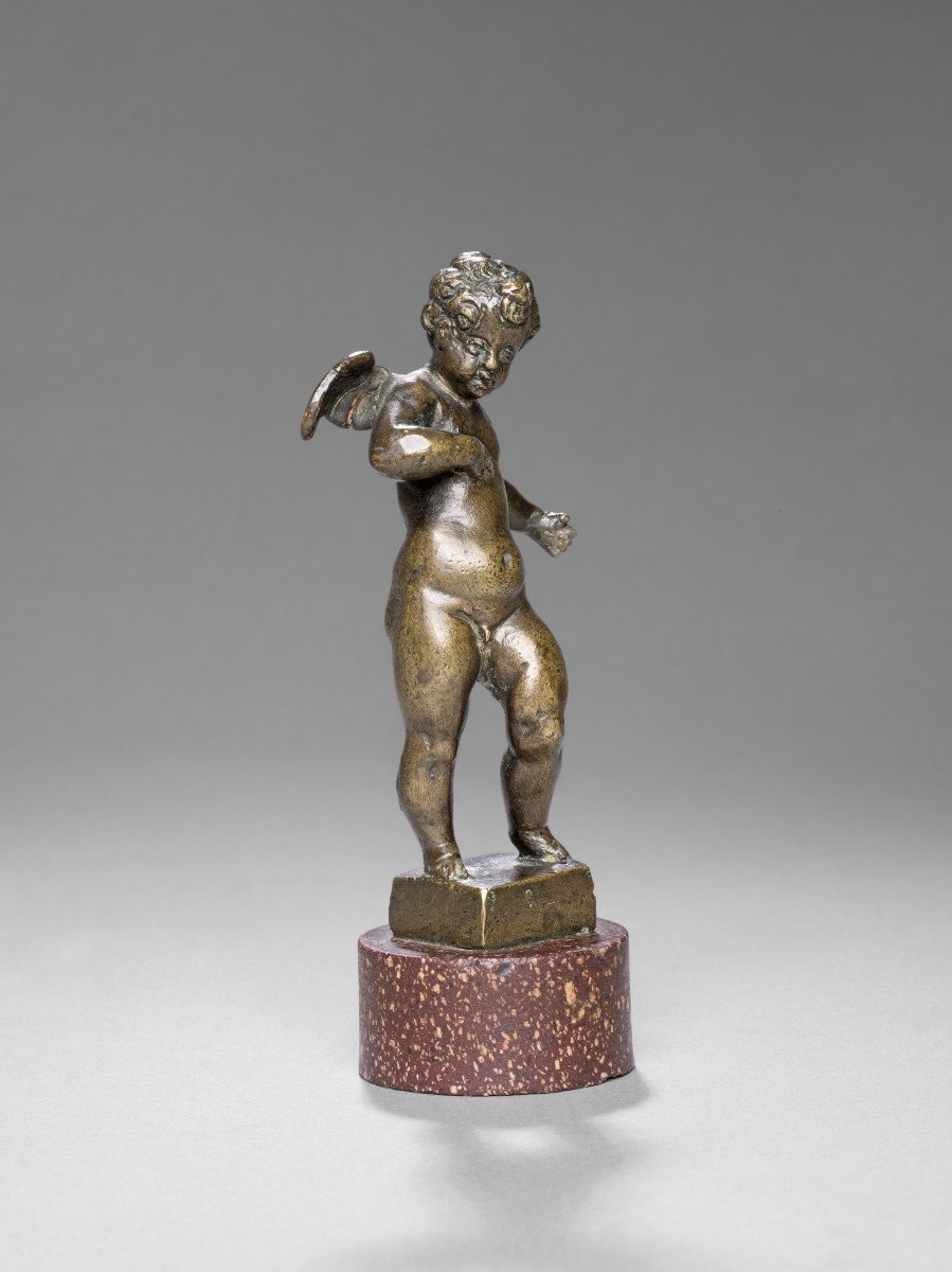 Figura In Bronzo Di Giovane Putto Su Base In Porfido, Bottega Di Roccatagliata-photo-2