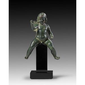 Antica Figura in Bronzo Romana di Eros che cavalca un delfino, Impero Romano