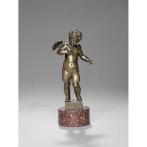 Figura In Bronzo Di Giovane Putto Su Base In Porfido, Bottega Di Roccatagliata