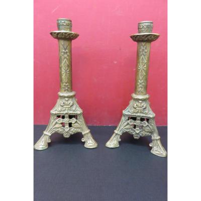 Pair Of Candlesticks Copper De Petite 19th Time.