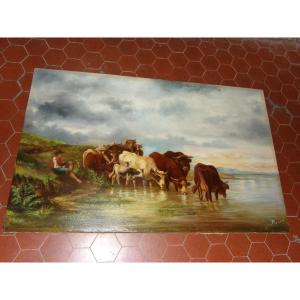 Scene Of A Herd Of Cows Drinking, 19th Century Painting.