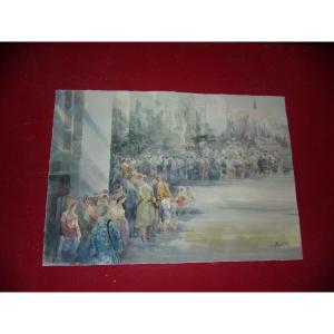 “waiting For The Event”, Watercolor Signed Guy Fantou, 20th Century.