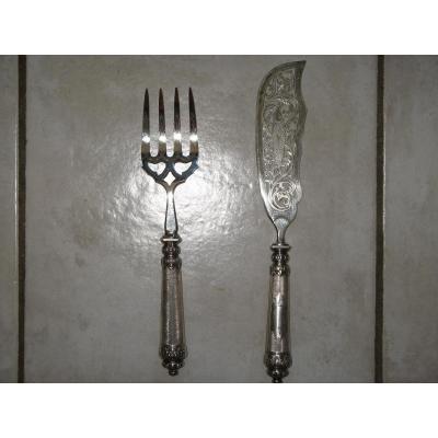 Fish Knife With Fork In Silver, 19th.