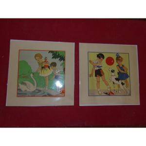"children's Games", Pair Of Engravings From The 1930s.